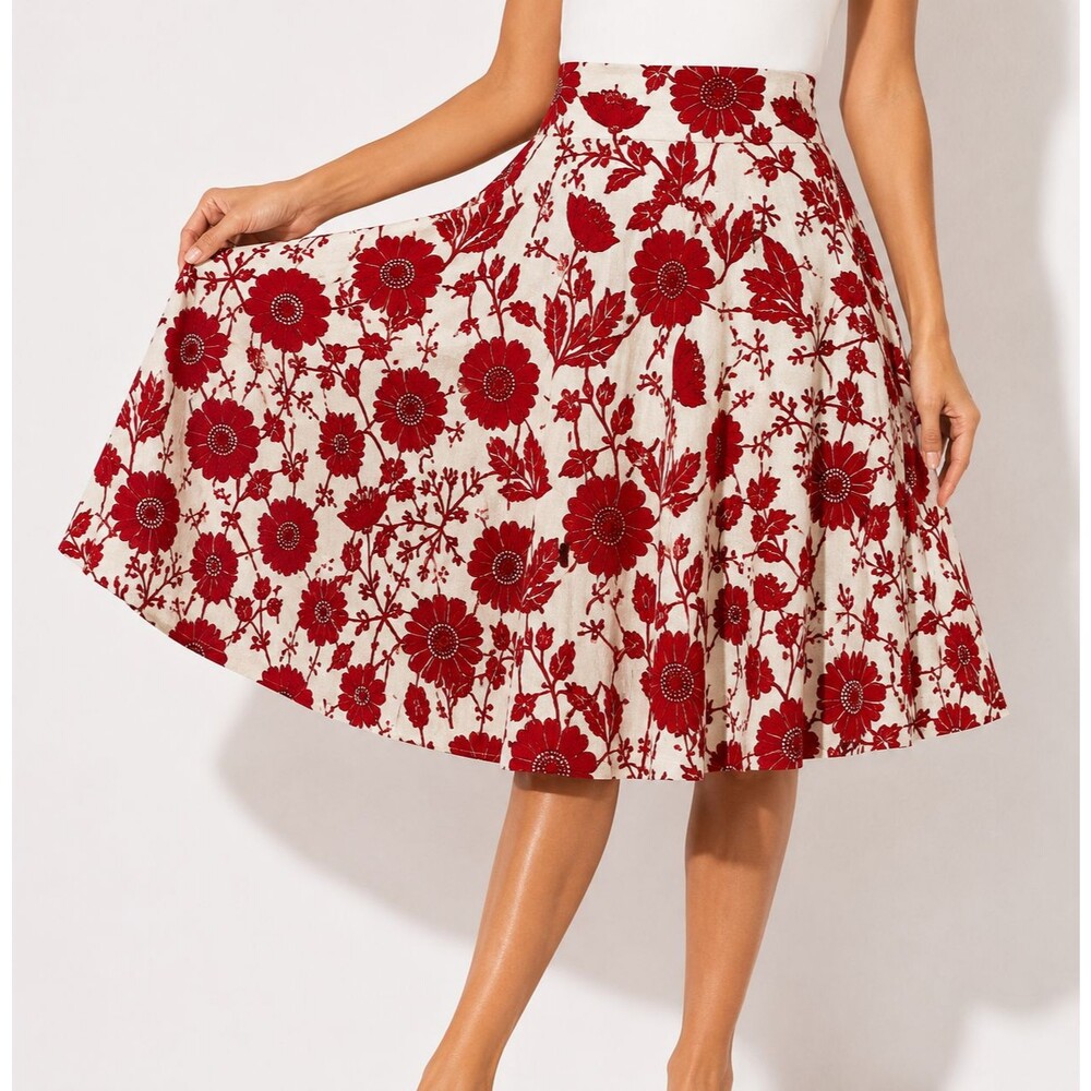 GAP Vintage Y2K 100% Linen Floral A-Line Midi Skirt Red Tan Botanical Size 8